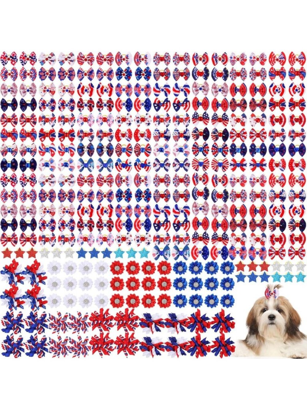300 Pcs 4th of July Dog Bows with Rubber Bands - Patriotic Pet Accessories